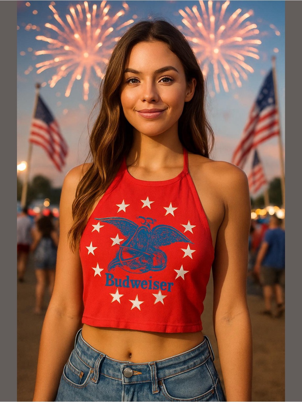 Budweiser Red Halter Crop Top Womens XXL Y2K 90s America USA Celebration VTG
